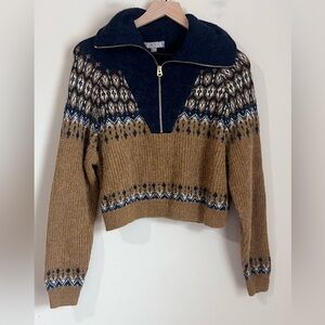 J. Crew Womens Fair Isle half-zip sweater in brushed yarn Brown Navy Gold MEdium
